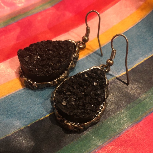 3 for $15 - Black Druzy Rough Edge Dangle Earrings - Picture 2 of 5